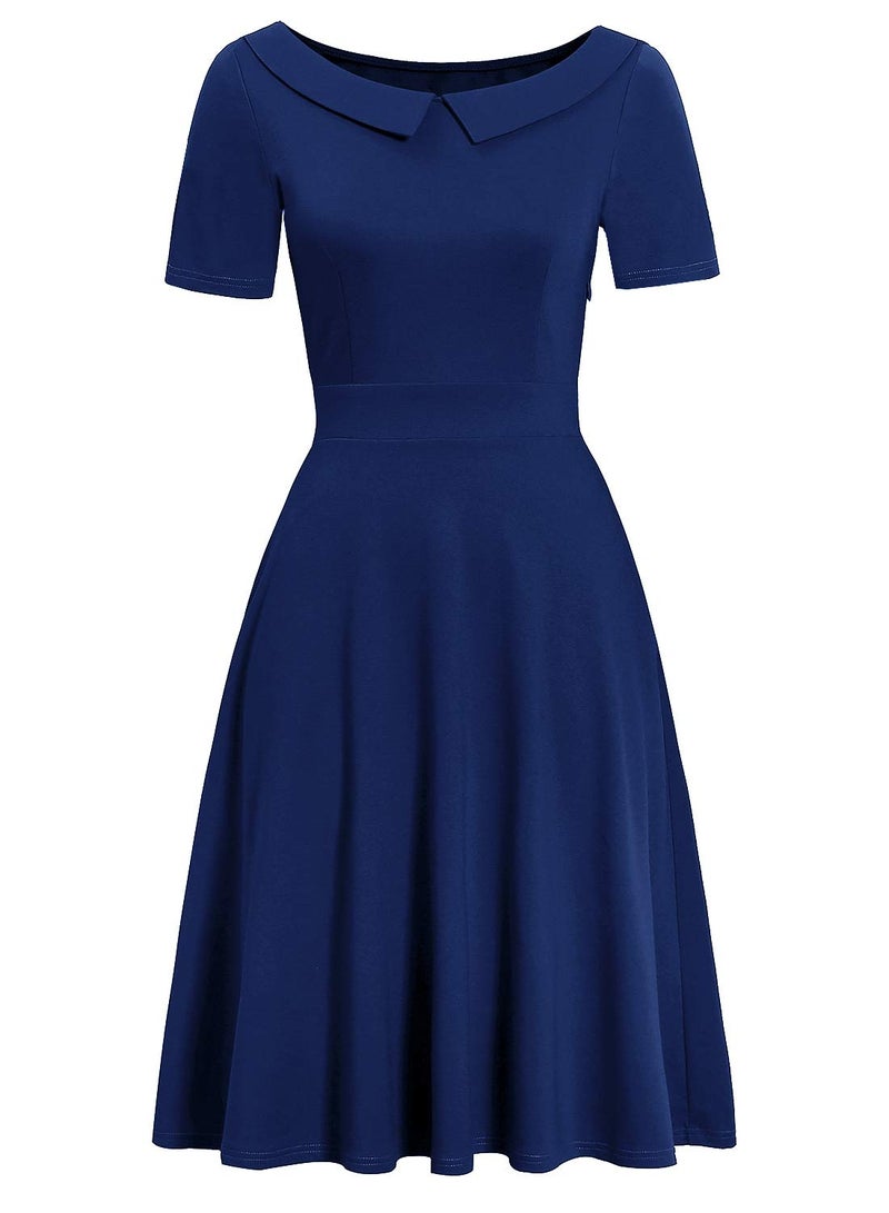 HELYO Peter Pan Collar Dresses for Women Knee Length Church Vintage Casual Solid Color Work Party A-Line Swing Dress with Pockets 978 Royal Blue L - Image 2